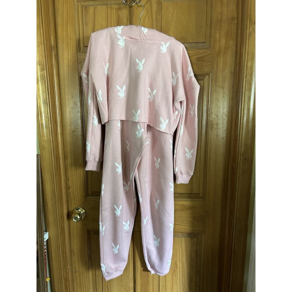 Playboy Bunny Hoodie Womens Pink Hooded Sweatshirt Sweat Pants Crop 6 XS 22”